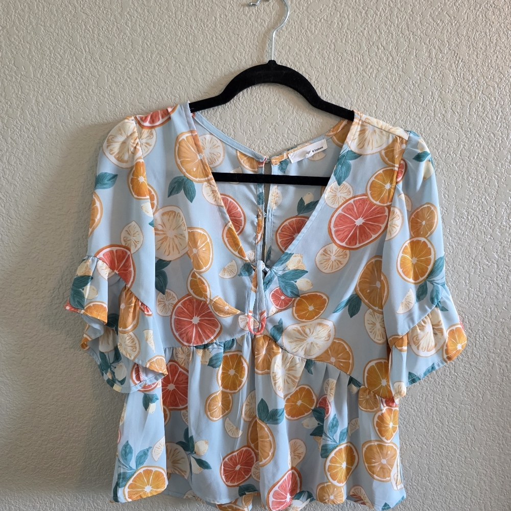 June & Hudson Citrus Print Ruffle Blouse